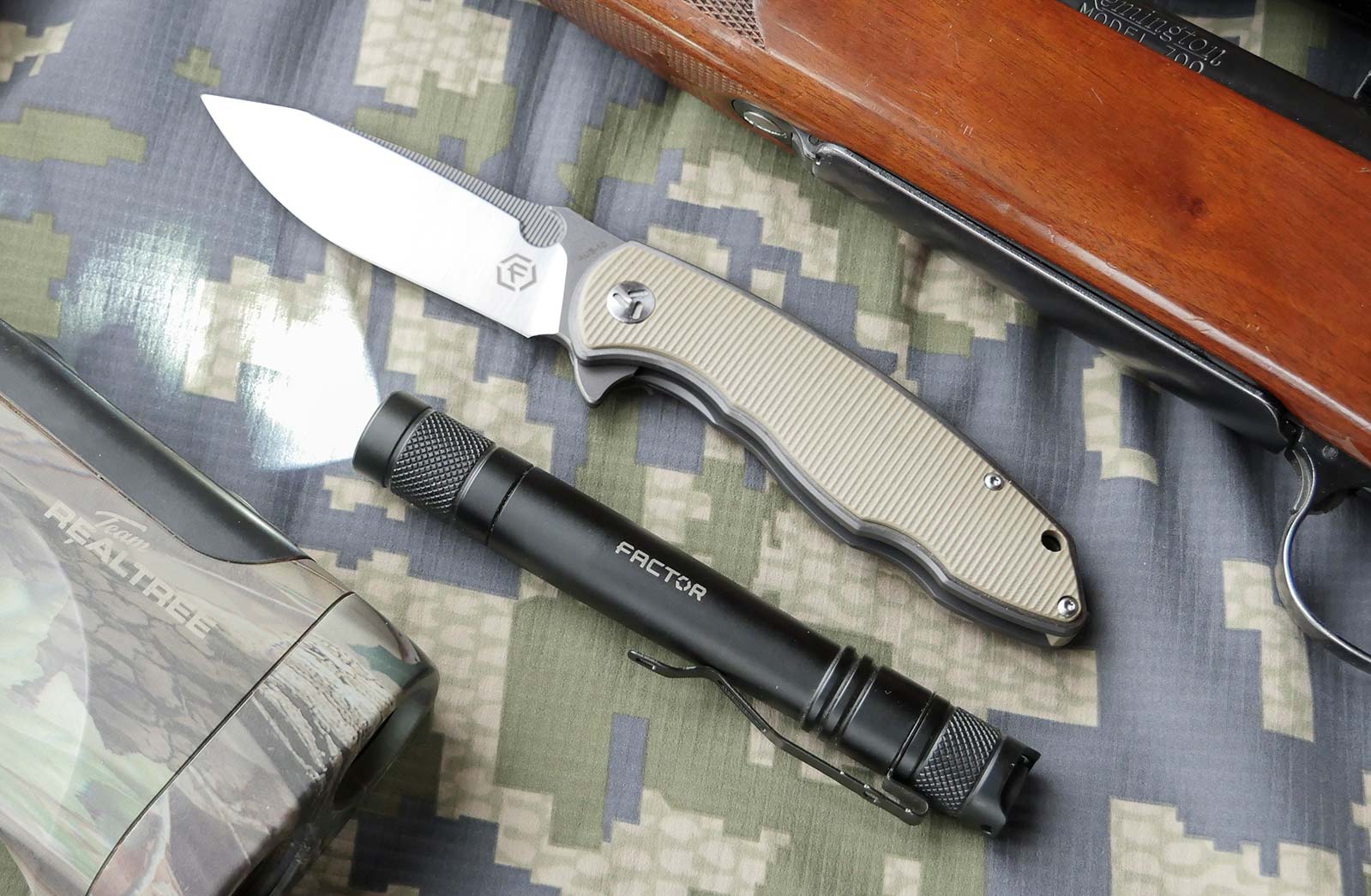 factor hardened knife mizpah flashight tan camo gun